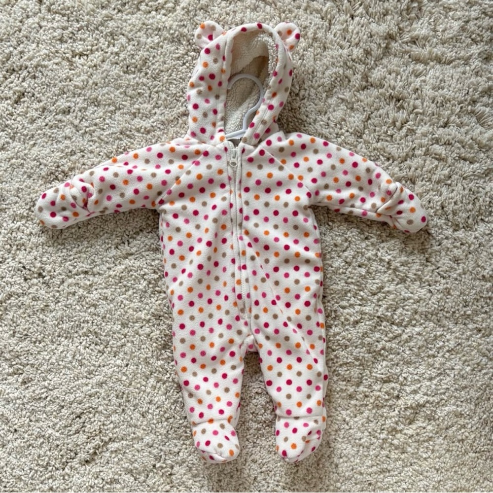 Old Navy Polka Dot Baby Footie Fleece Hooded Bear Ears Winter Suit Zipper 0/3 mo